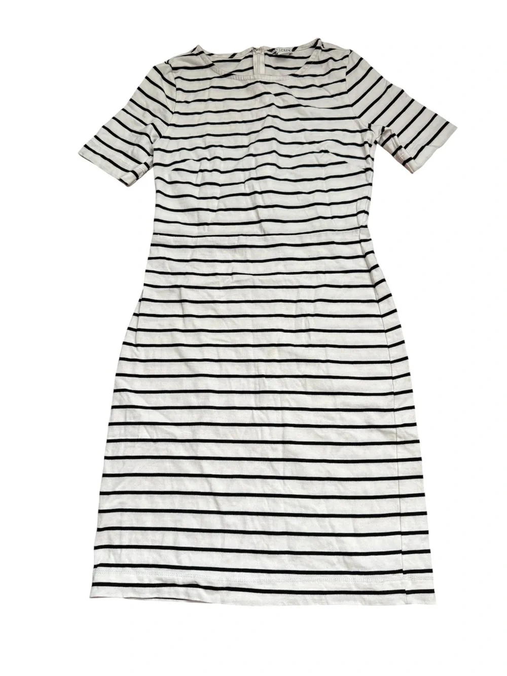 J. Crew Striped T-Shirt Dress XS White Black Cotton Mini Back Zip Flawed